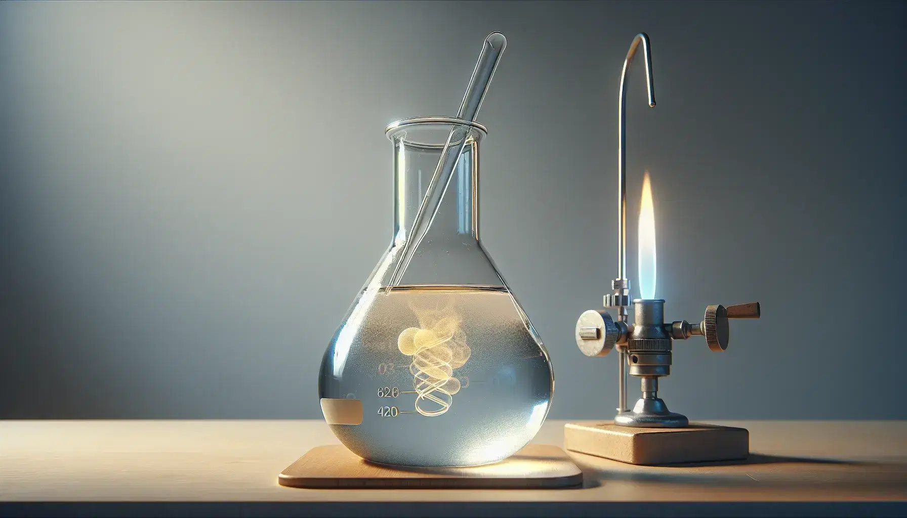 Glass flask on laboratory bench with clear liquid and yellow particles, immersed glass rod and blue flame of a Bunsen burner.