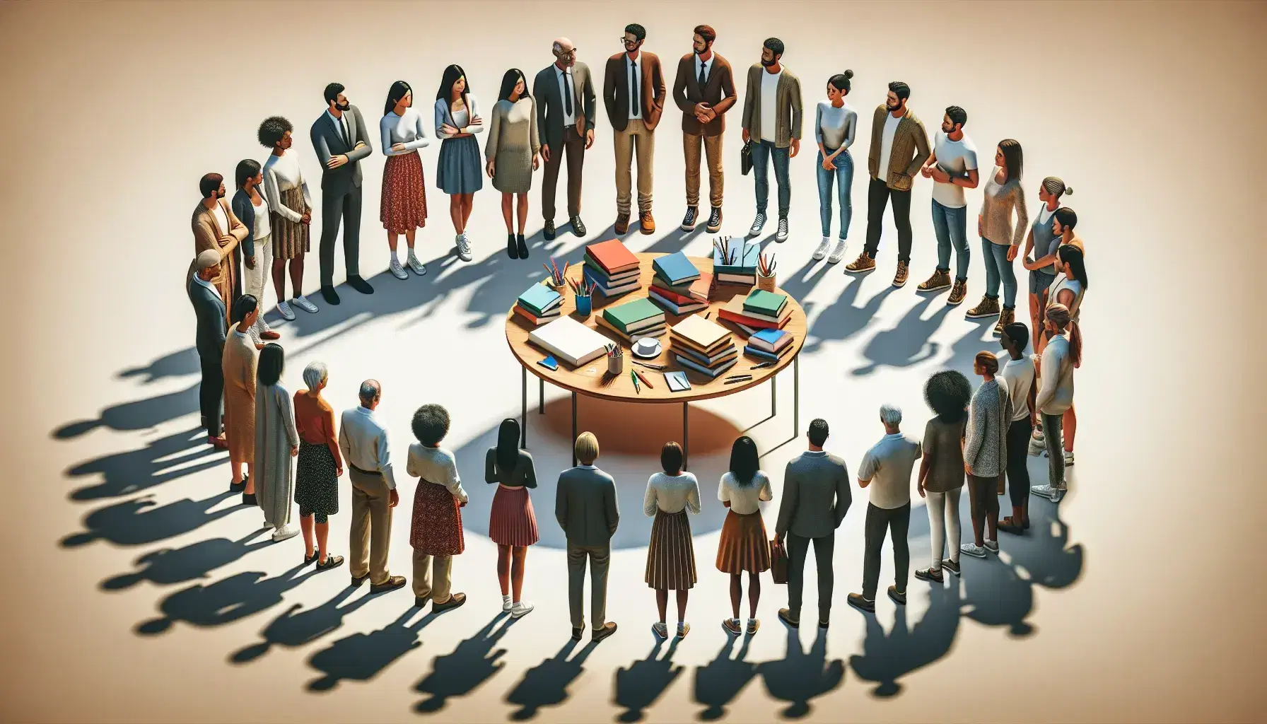 Grupo diverso de personas en debate con libros y útiles de escritura sobre mesa redonda, reflejando inclusión y diálogo intercultural.