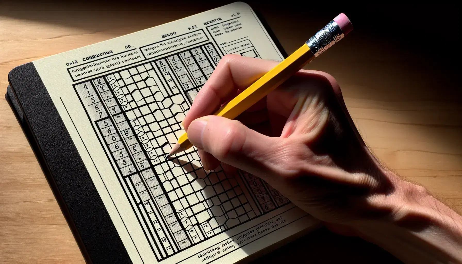 Close-up view of a hand holding a yellow pencil over a blank conjugation chart in a black and white composition notebook on a wooden desk.