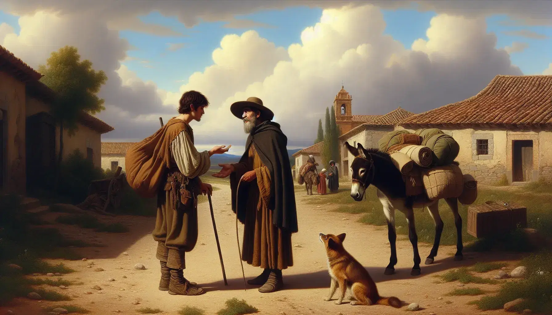 Joven en ropas modestas conversa con hombre mayor ciego en camino de tierra, aldea al fondo, burro y perro canela presentes, cielo nublado.