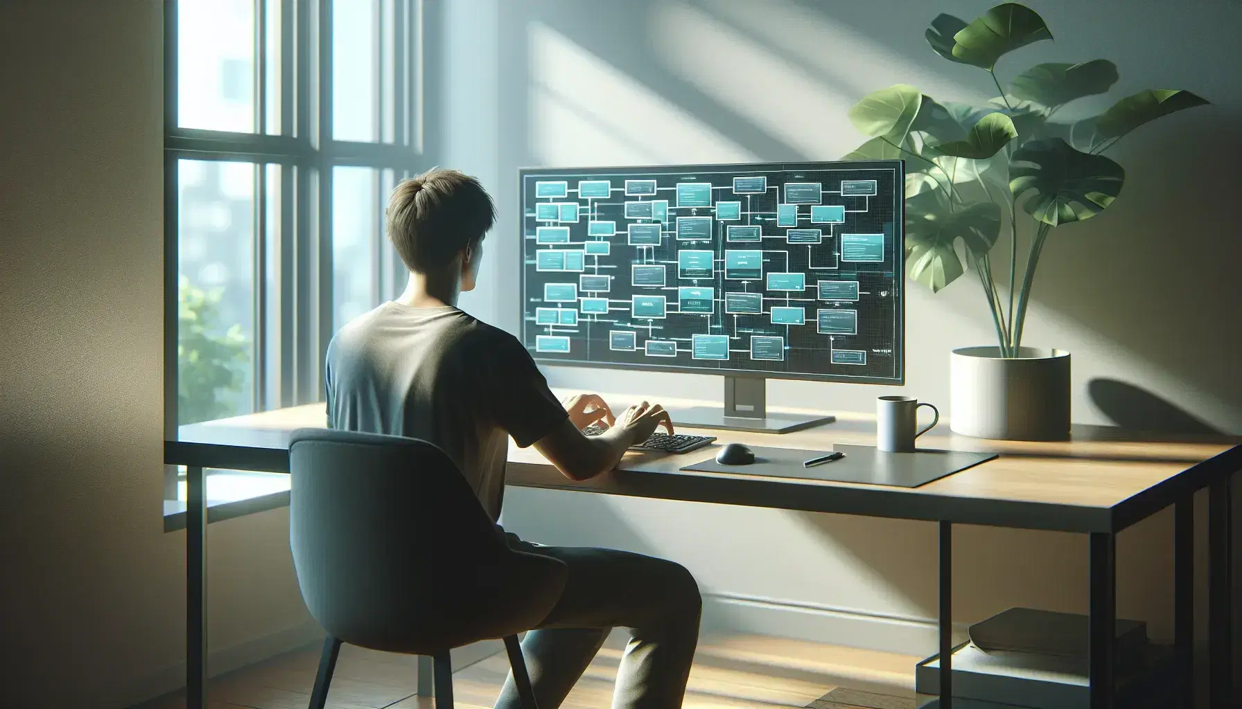 Concentrated person at computer with block diagram on screen, cup of coffee and green plant on bright desk.