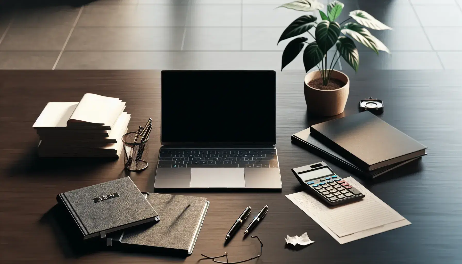 Scrivania in legno scuro con laptop aperto, calcolatrice grigia, registro contabile aperto, penna stilografica e fogli impilati, pianta verde sullo sfondo.