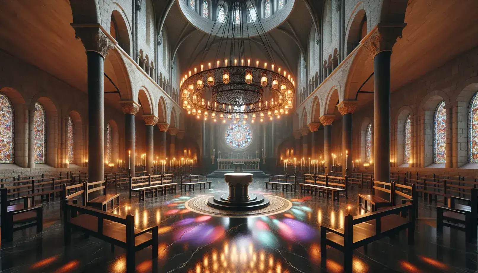 Interior de sala amplia con techos abovedados y paredes de piedra, candelabro de hierro con velas, suelo de mármol, bancos de madera y altar iluminado.