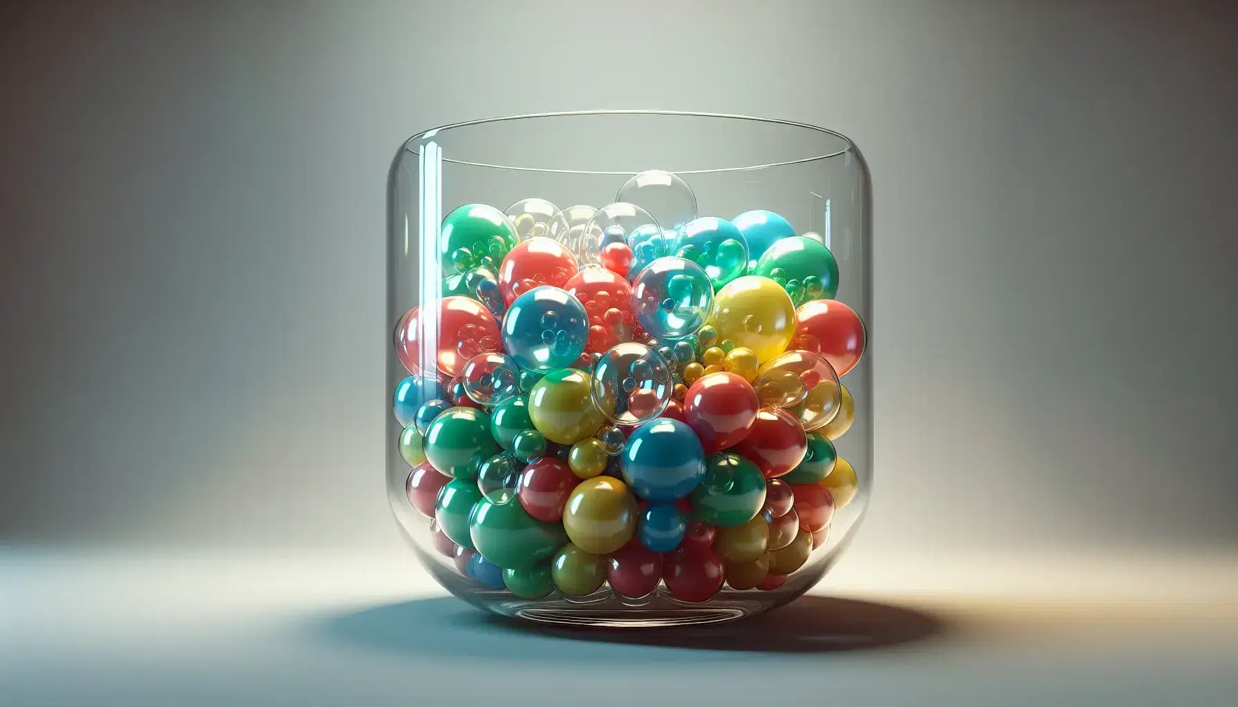 Transparent glass container with colorful balloons floating in balance, on black surface and neutral gray background.