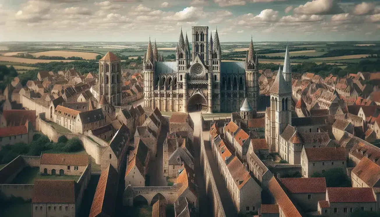 Veduta aerea di città medievale con cattedrale gotica, strade strette, edifici in pietra, mura con torri e campagna verde circostante.