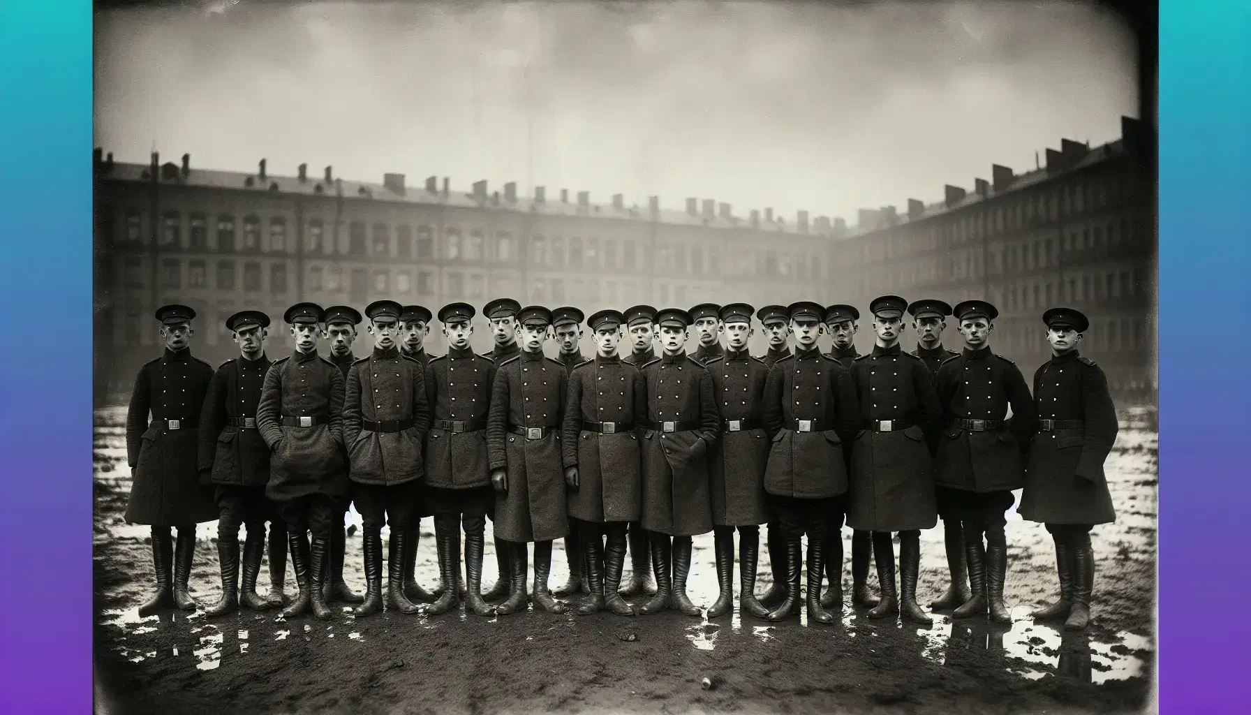 Soldati in uniforme militare d'epoca posano seri prima del fronte, con sfondo di città europea e cielo sereno.