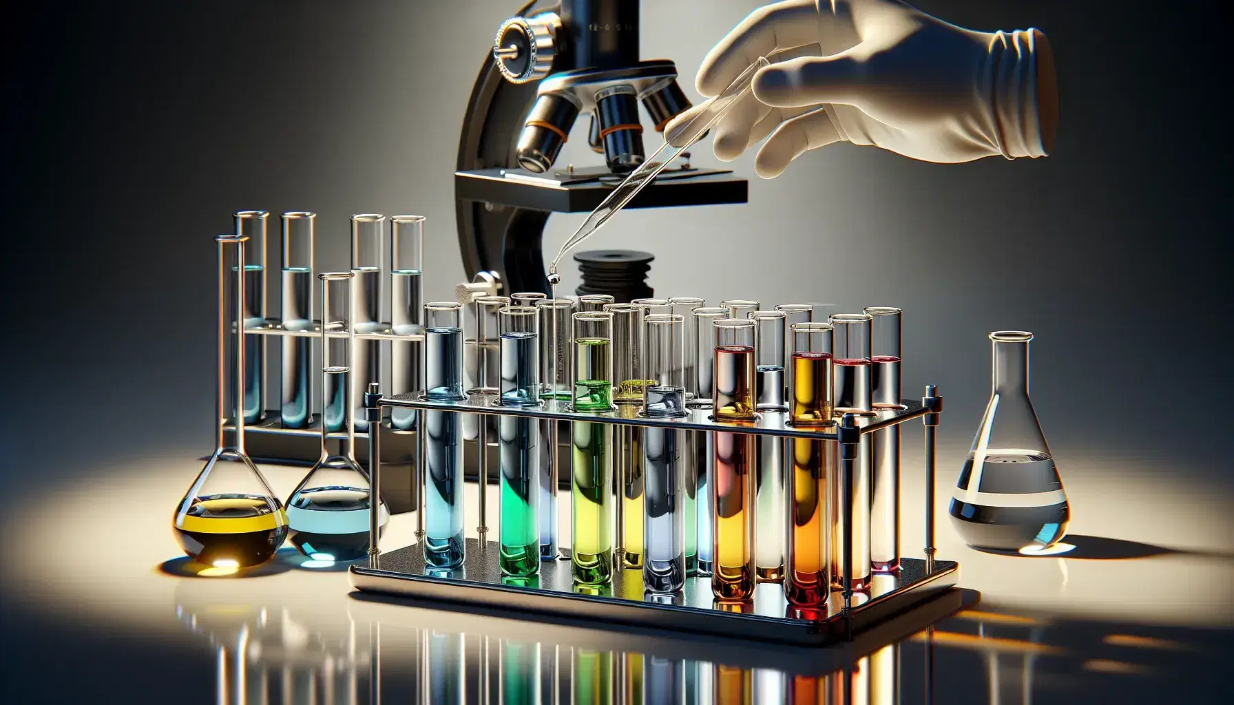 Tubos de ensayo con líquidos de colores en soporte metálico y mano con pipeta extrayendo líquido de un frasco, junto a un microscopio en laboratorio.