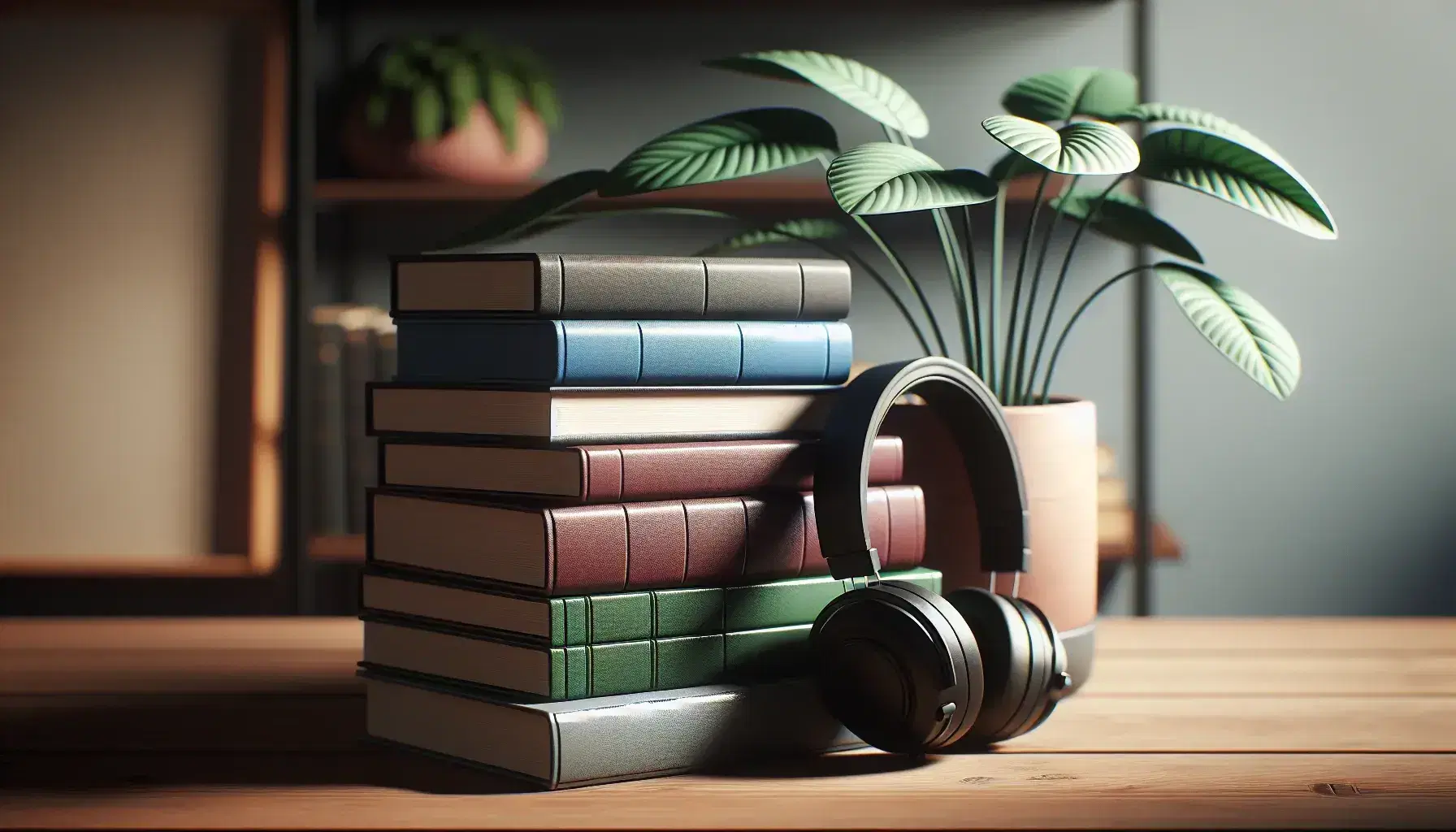 Stacked hardcover books in assorted colors beside black over-ear headphones on a wooden surface, with a blurred potted plant in the background.