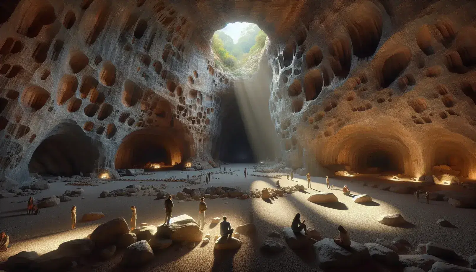 Cueva espaciosa con paredes irregulares y tonos grises a marrones, luz natural iluminando figuras humanas y sombras difusas en el interior, paisaje verde visible en la entrada.