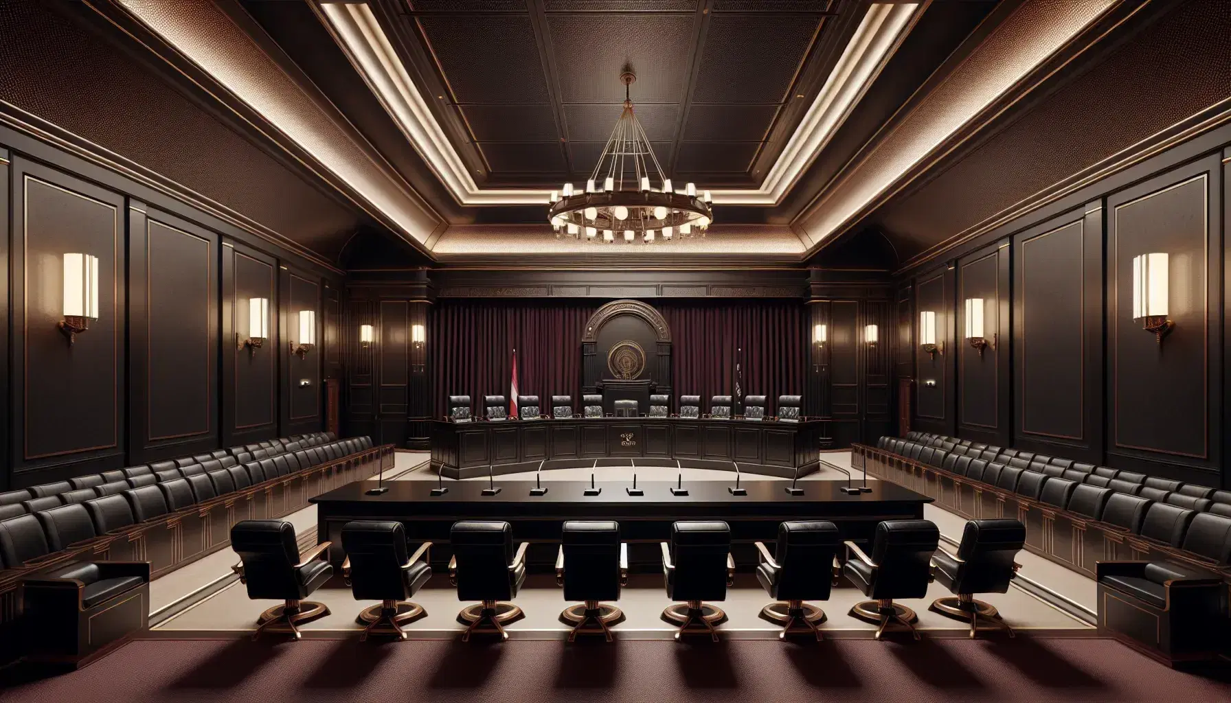 Sala de tribunal vacía con mesa central de madera oscura, micrófonos negros, sillas altas de cuero y bancos de madera para espectadores.