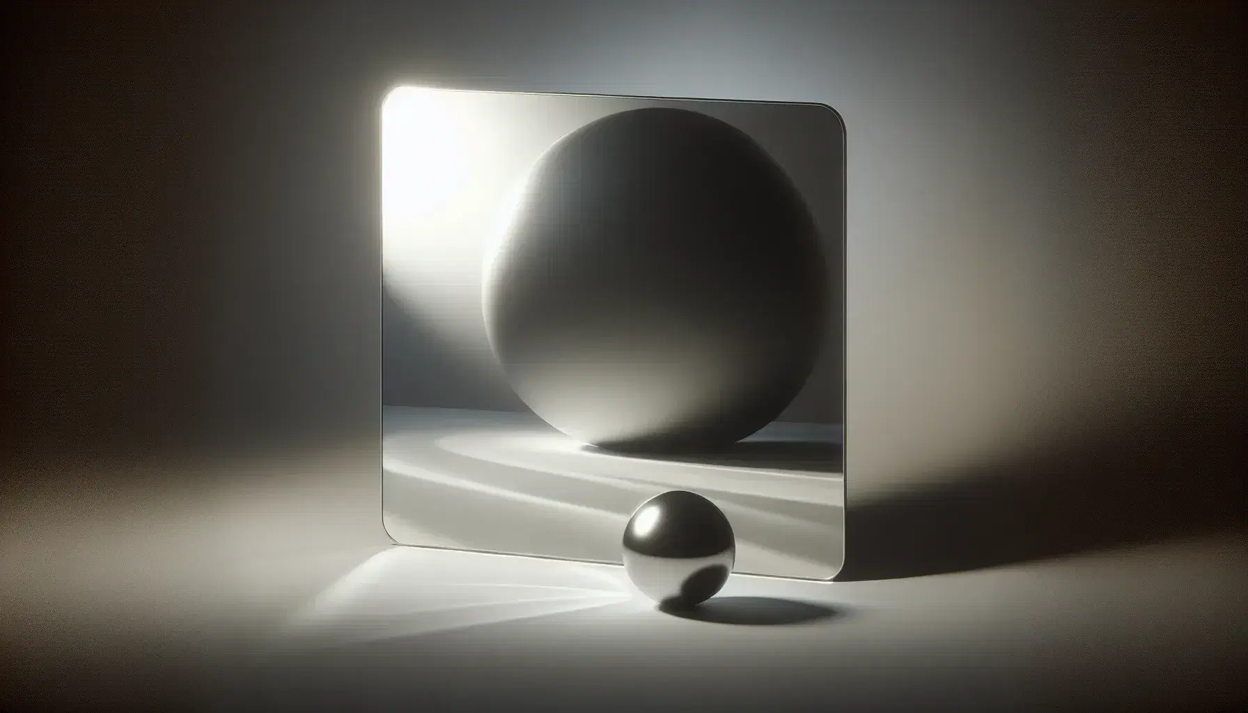 Espejo cóncavo pulido con borde metálico reflejando un objeto tridimensional mate contrastante, iluminado sutilmente sobre fondo neutro.