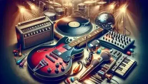 Chitarra elettrica rossa lucida, giradischi con vinile, microfono metallico, tastiera, batteria e maracas colorate su sfondo con palla da discoteca.