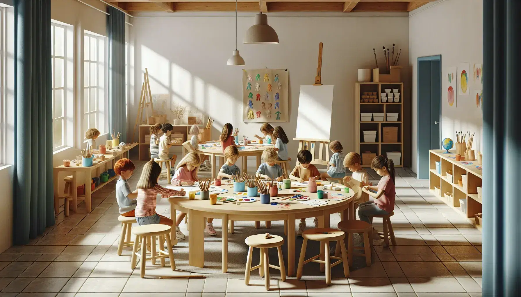 Niños de 6 a 10 años participando en actividades artísticas en un aula iluminada, con materiales como papeles de colores, pinceles y arcilla.