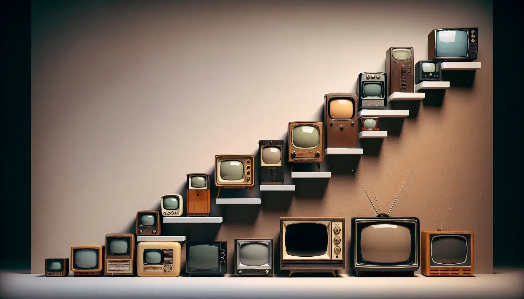 Evolución de televisores desde un modelo de madera de 1930 hasta un moderno televisor de pantalla plana, mostrando cambios en diseño y tecnología.
