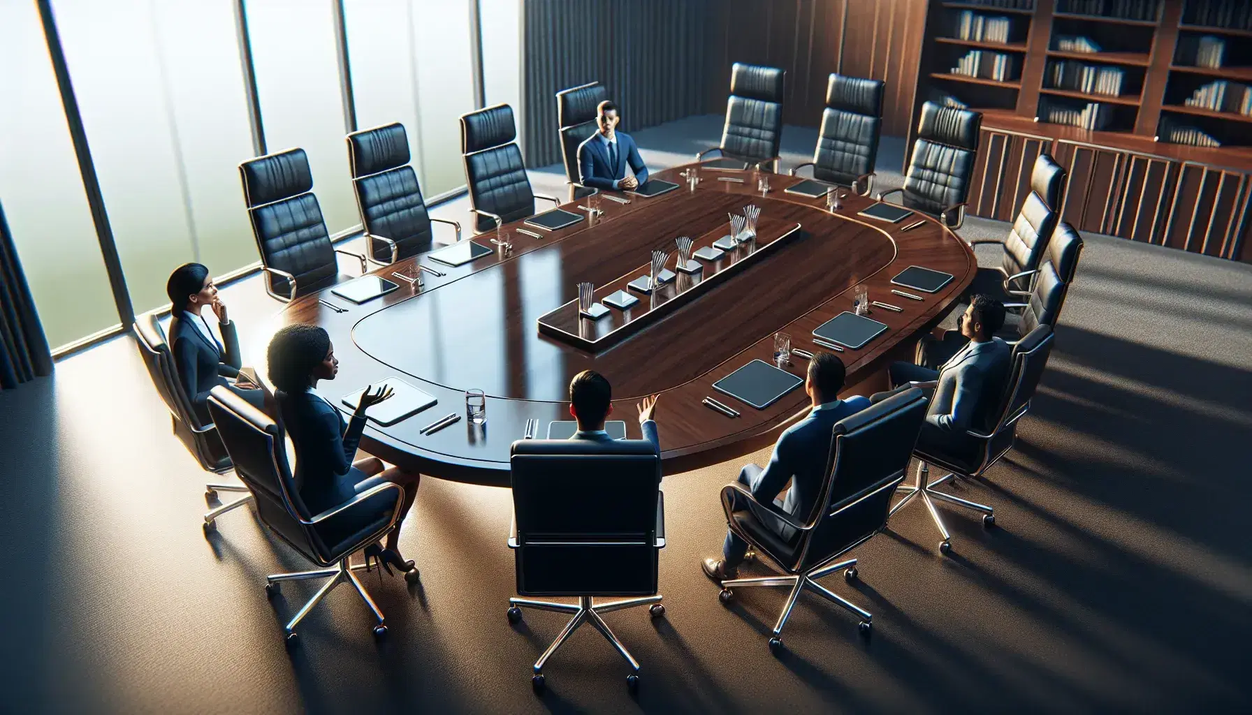 Boardroom with oval table, digital tablets, and two professionals in discussion, cityscape visible through large window at sunset.