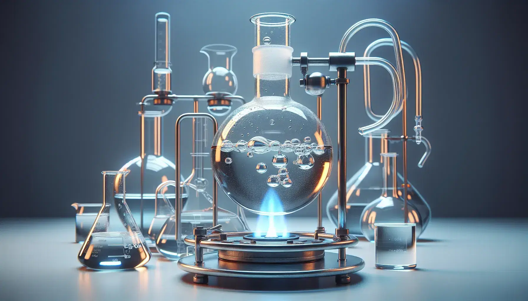 Glass flask on metal stand with boiling liquid over blue Bunsen flame, condenser attached and beaker with clear liquid.