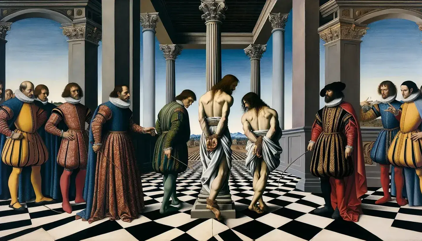 Dipinto rinascimentale con tre uomini in abiti d'epoca che osservano un quarto uomo legato a una colonna, su sfondo di architettura urbana.