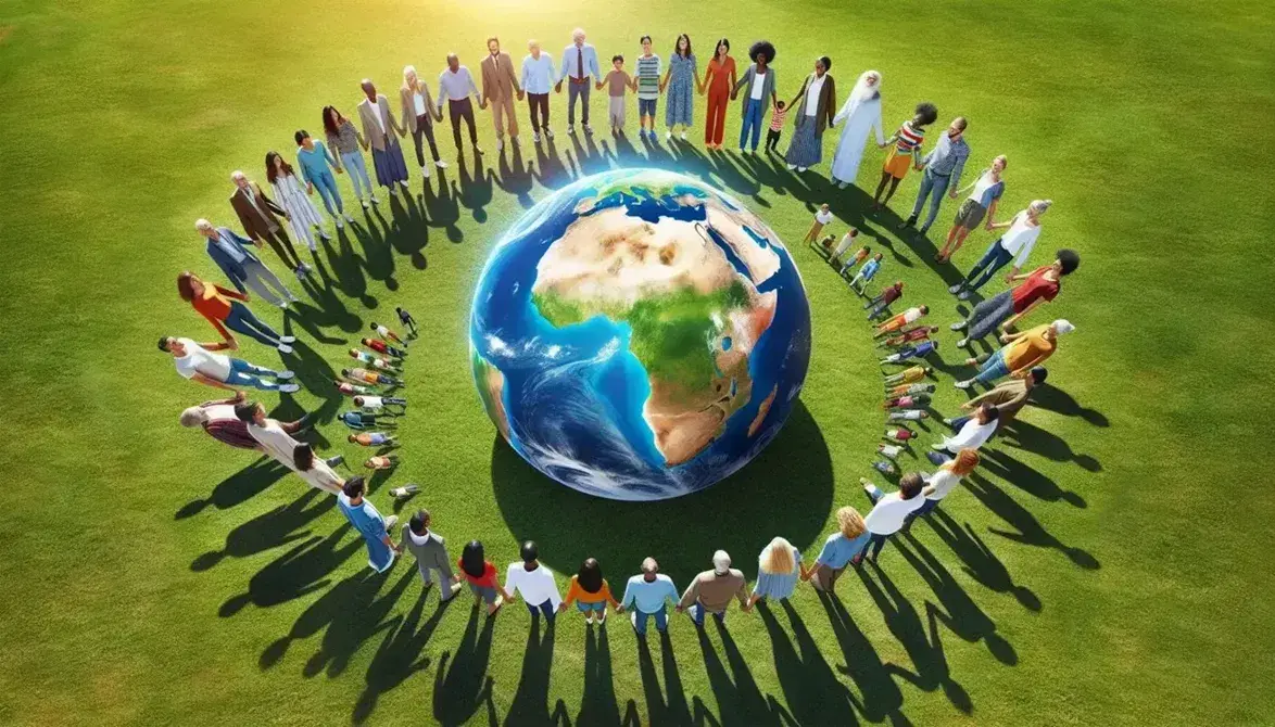 Diverse group holding hands in a circle around a globe on a wooden stand, symbolizing unity on a sunny day with a clear blue sky and green grass.