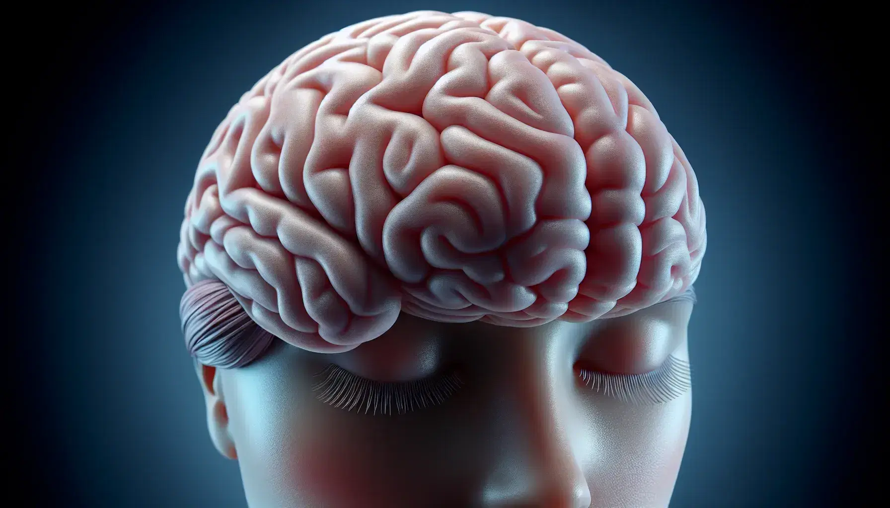 Human brain in detail with sulci and gyri in shades of pink and gray, closed eyes with long eyelashes on a degrading blue background.