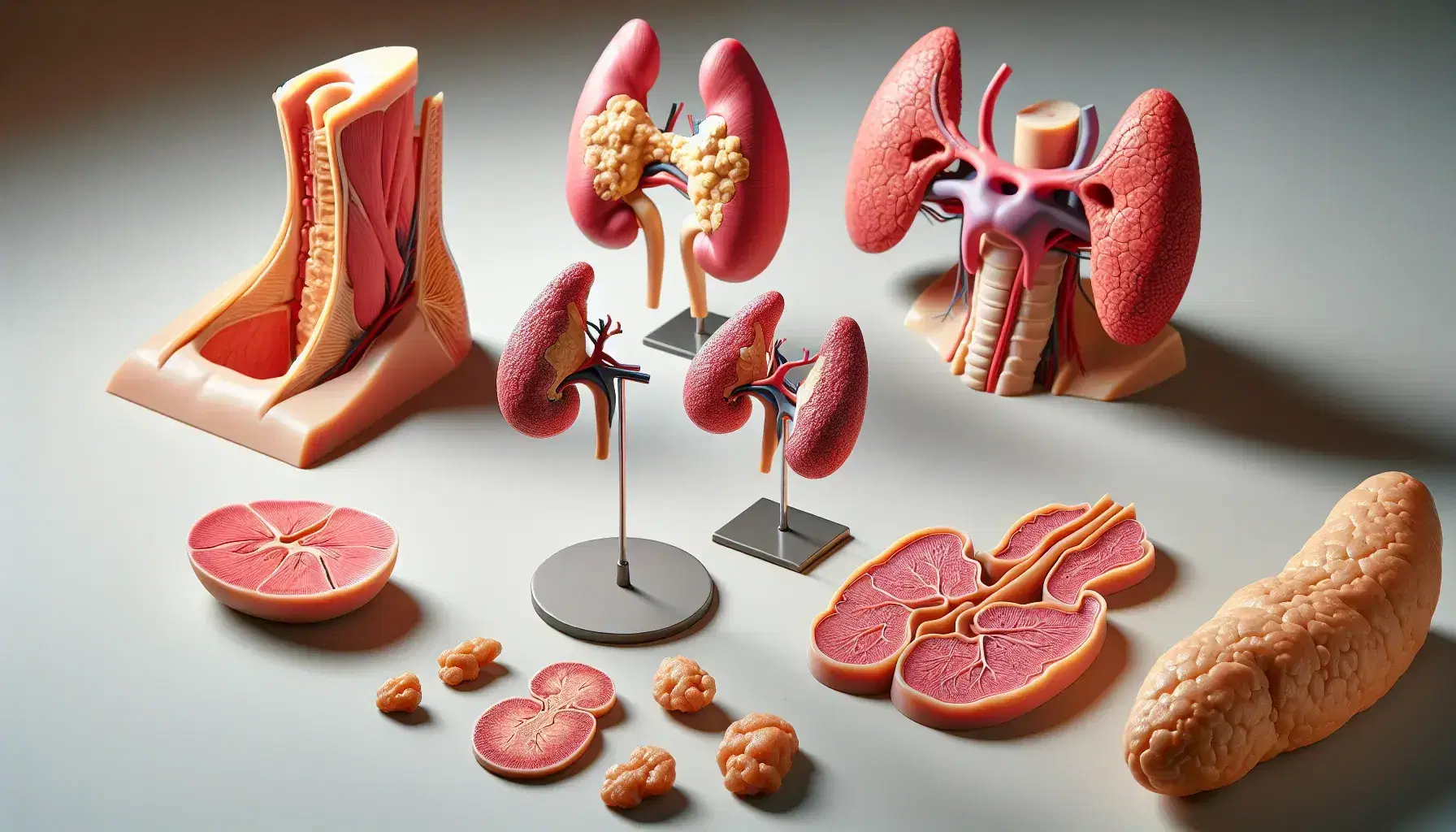 Modelos anatómicos tridimensionales de glándulas endocrinas humanas, incluyendo hipófisis, tiroides, suprarrenales, riñones, páncreas y paratiroides en superficie clara.