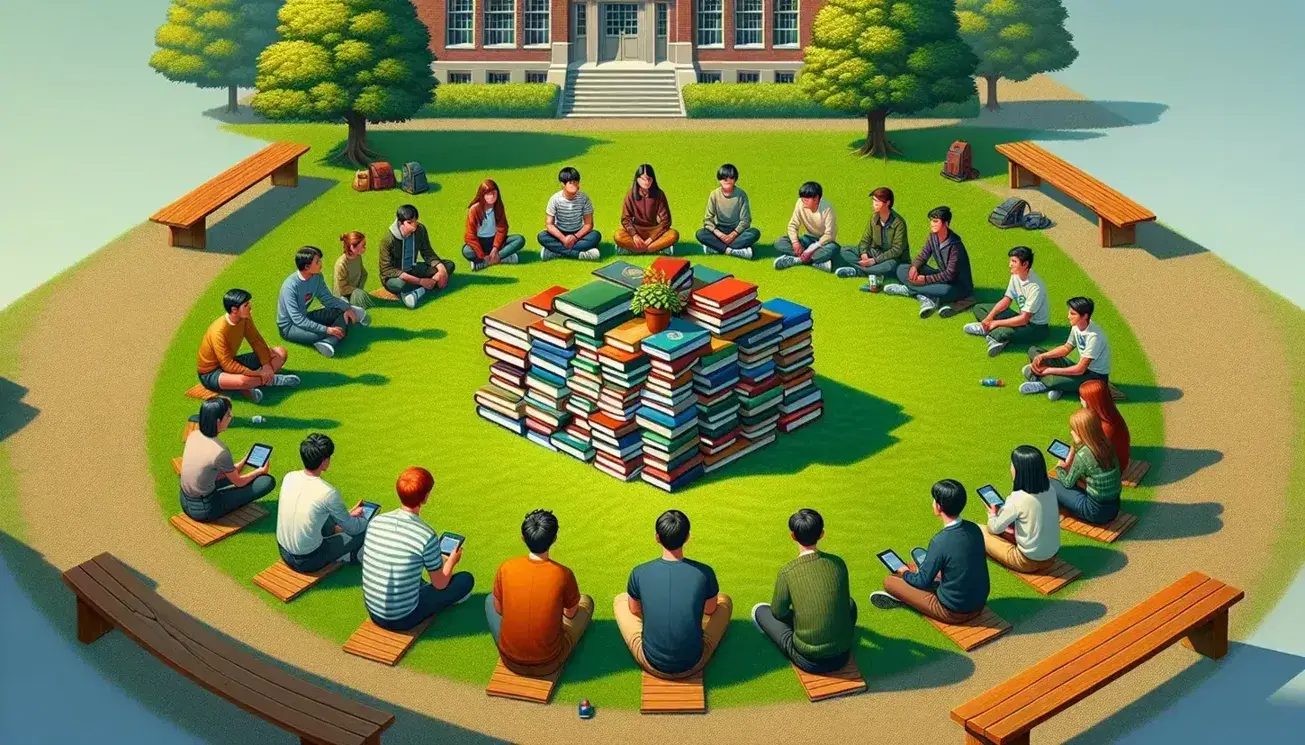 Jóvenes sentados en círculo en un campus universitario al aire libre, con libros apilados y planta en el centro, en un día soleado.