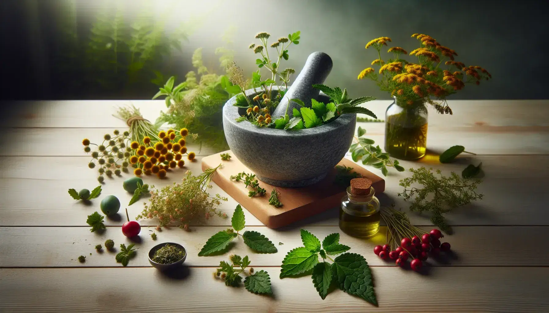 Mesa de madera clara con plantas medicinales, mortero con hojas verdes, flores secas amarillas, ramas de tomillo, bayas rojas y hojas de ortiga, junto a frasco de extracto.