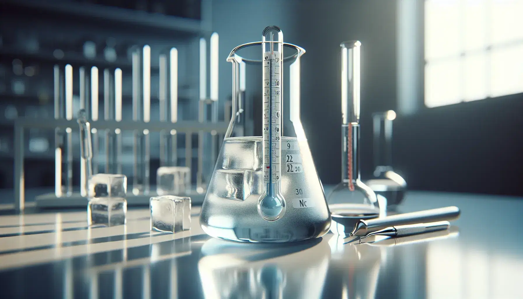 Termometro a mercurio su tavolo di laboratorio con becher d'acqua ghiacciata e strumenti sfocati sullo sfondo.