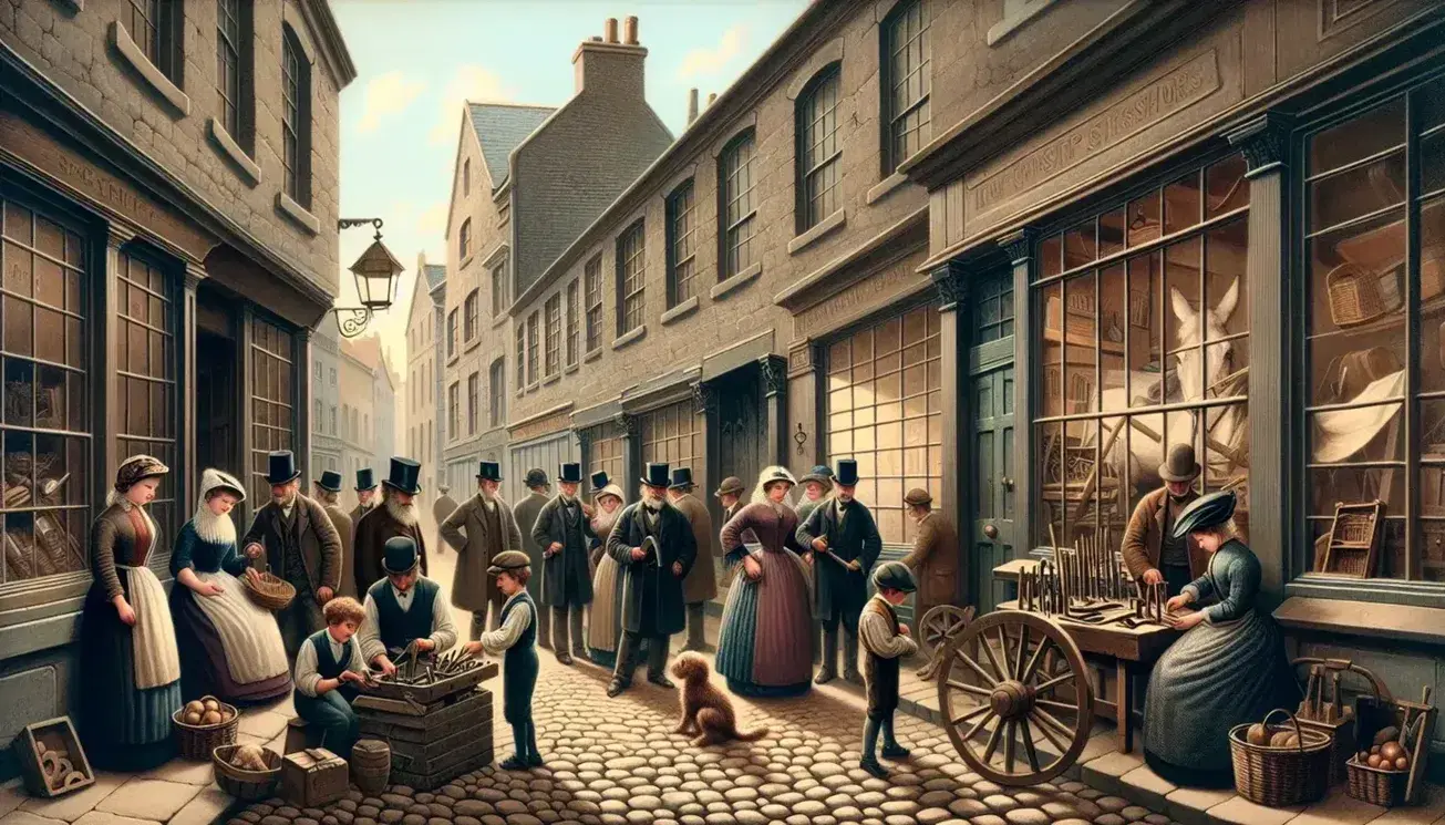 Scena quotidiana di strada europea fine '800 con persone di varie classi, artigiano al lavoro, carretto di verdure e architettura d'epoca.