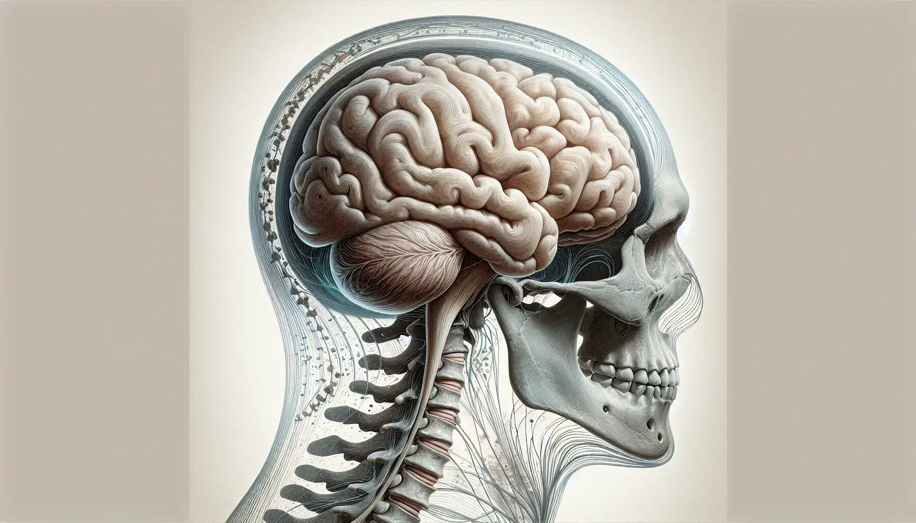Vista lateral del cerebro humano con texturas detalladas y médula espinal, envueltos por meninges azul claro, dentro de un cráneo transparente sobre fondo neutro.