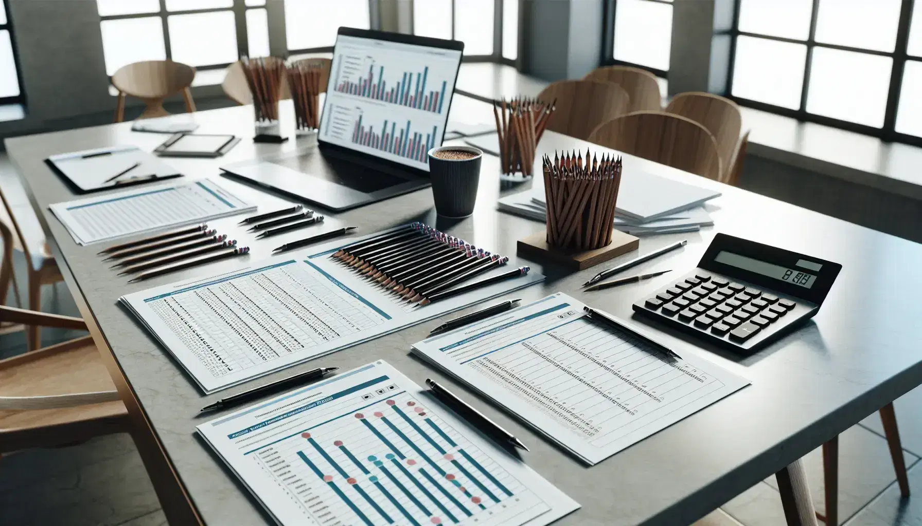 Mesa de trabajo con cuestionarios impresos, lápices alineados, portátil mostrando gráficos, calculadora científica, taza de café y cuaderno abierto.