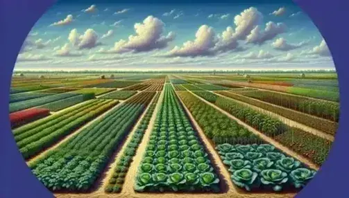 Campo agricolo variegato con file di verdure a foglia larga in primo piano, piante di pomodoro adiacenti e alberi da frutto sul lato destro sotto un cielo azzurro.