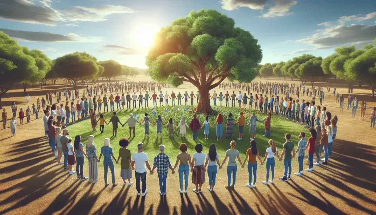 Grupo diverso de personas unidas de la mano en círculo alrededor de un árbol frondoso en un parque soleado, simbolizando conexión con la naturaleza.