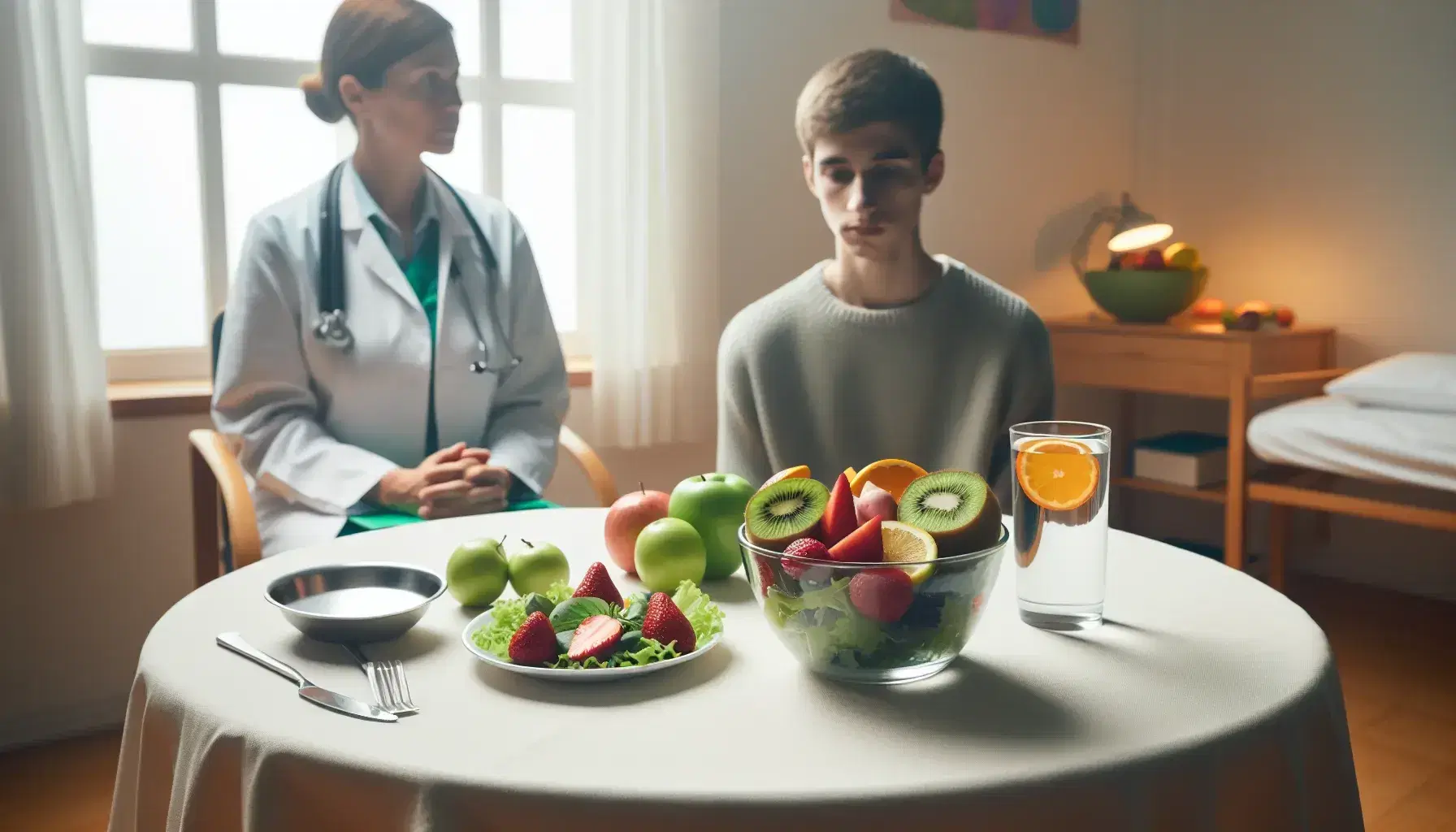 Clinical environment for the treatment of anorexia nervosa with a table set with healthy foods, doctor and patient interacting.