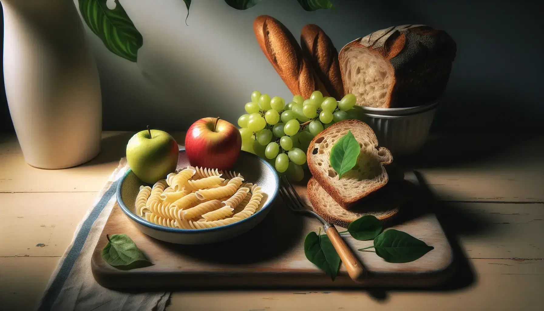 Variedad de alimentos ricos en carbohidratos con pasta en espiral en plato blanco, rebanada de pan integral, manzana roja y racimo de uvas verdes sobre superficie de madera clara.