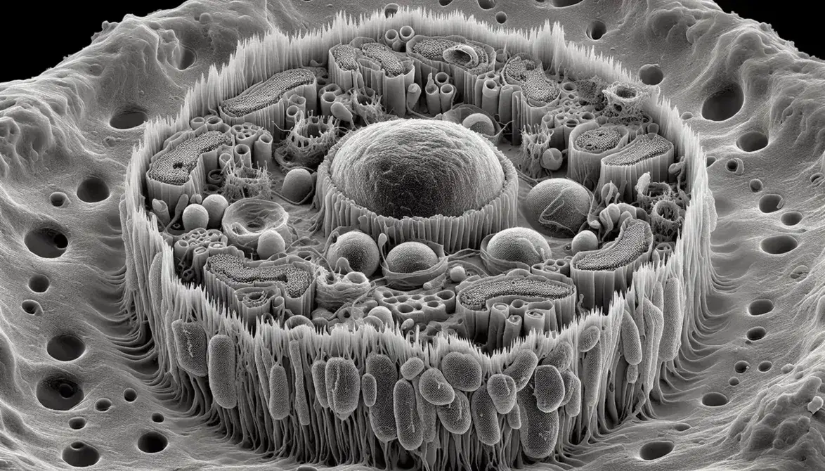 Micrografía electrónica de transmisión en escala de grises mostrando la estructura interna de una célula eucariota con núcleo, nucleolo, retículo endoplásmico, aparato de Golgi, mitocondrias y vesículas.