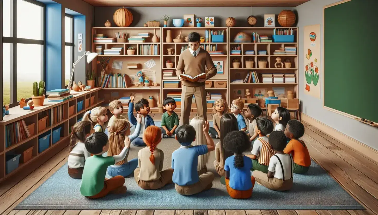 School classroom with diverse children sitting in a semicircle around a teacher with book, expressing curiosity and active participation.