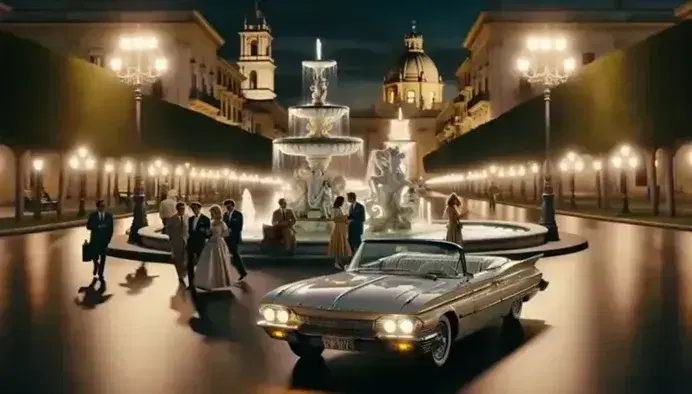 Scena notturna elegante con fontana barocca, persone in costume anni '60 e auto d'epoca riflettente lungo strada curva illuminata.