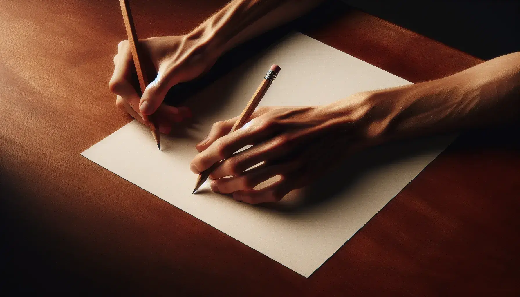 Close-up of hands with a wooden pencil ready to write on a blank sheet, on a polished mahogany desk, in a warmly lit setting.