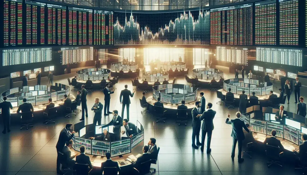 Traders engage in animated discussions on a busy stock market floor with a central digital ticker displaying colorful, fluctuating graphs.