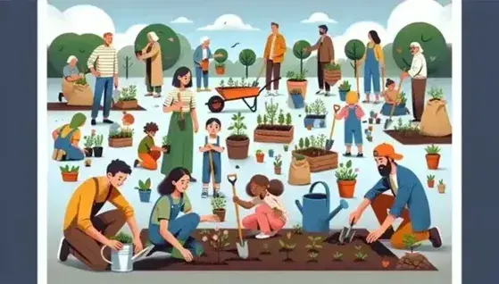Grupo diverso participando en jardinería comunitaria, con mujer sonriente y niños plantando y regando bajo cielo azul.