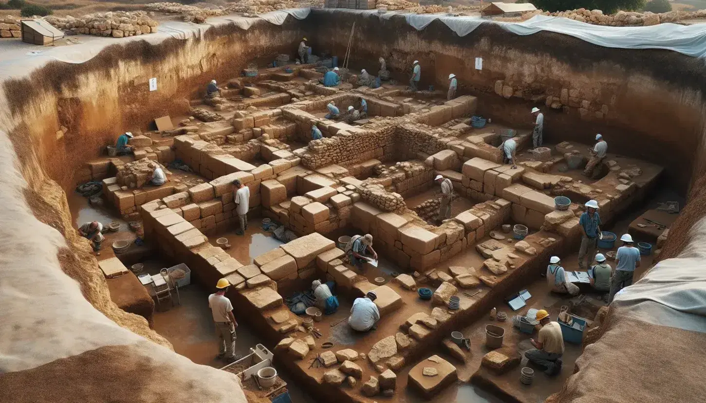Scavo archeologico con resti di antica struttura romana, archeologi al lavoro con attrezzi, sotto cielo azzurro e vegetazione mediterranea.