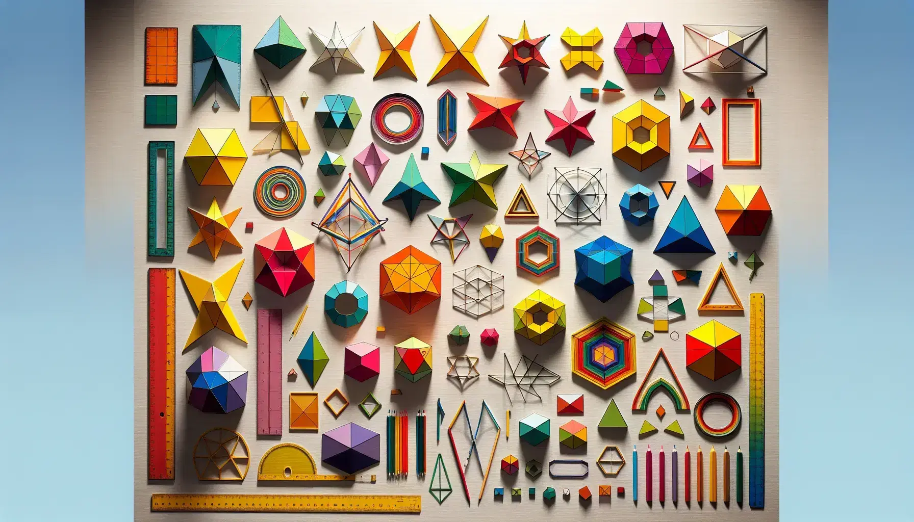 Collezione di poligoni geometrici colorati in materiali vari su sfondo neutro con strumenti di misura e mano che ne tiene uno.