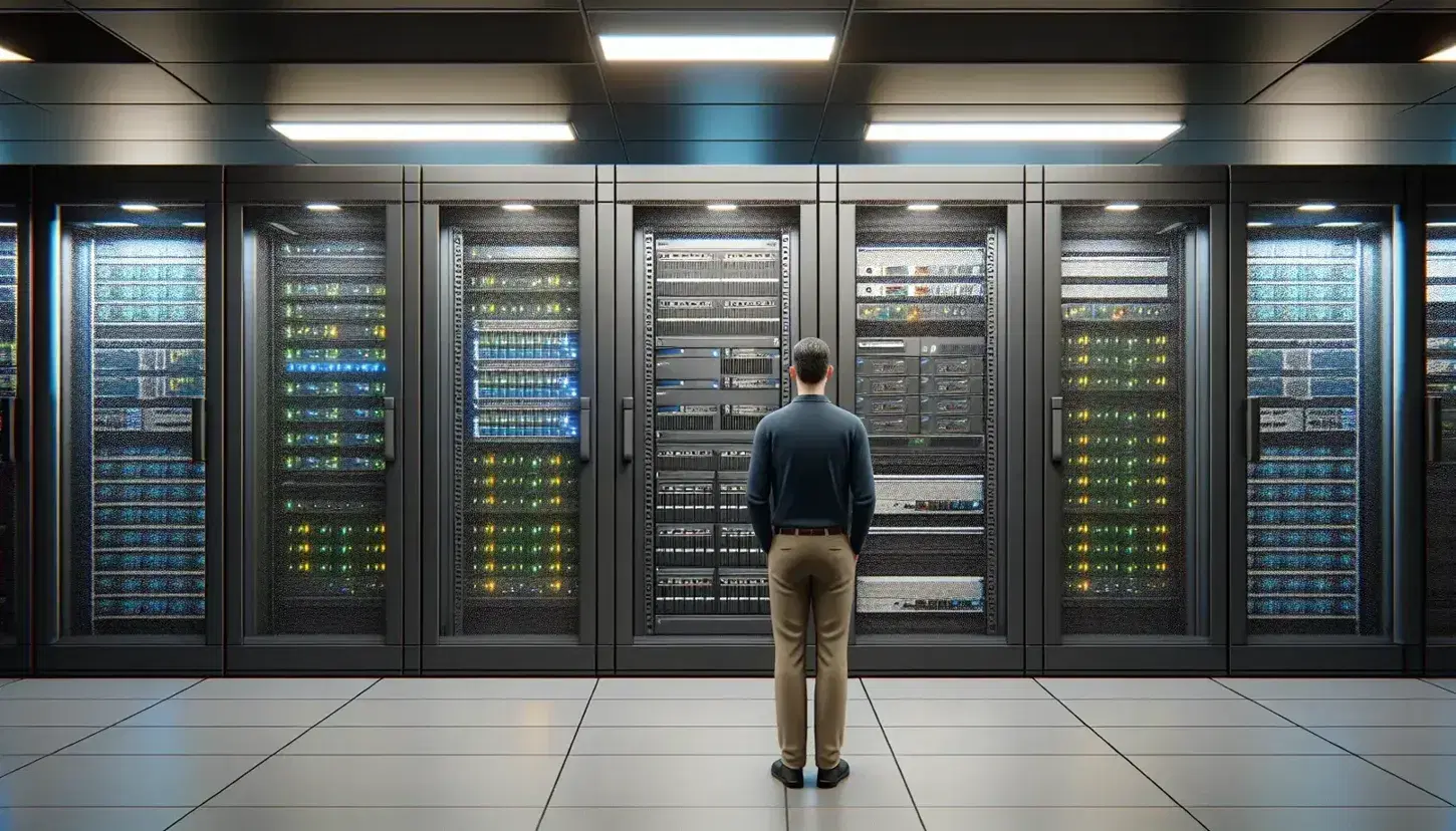 Modern, brightly lit server room with black rack cabinets, devices visible through glass doors, status lights and raised floor.