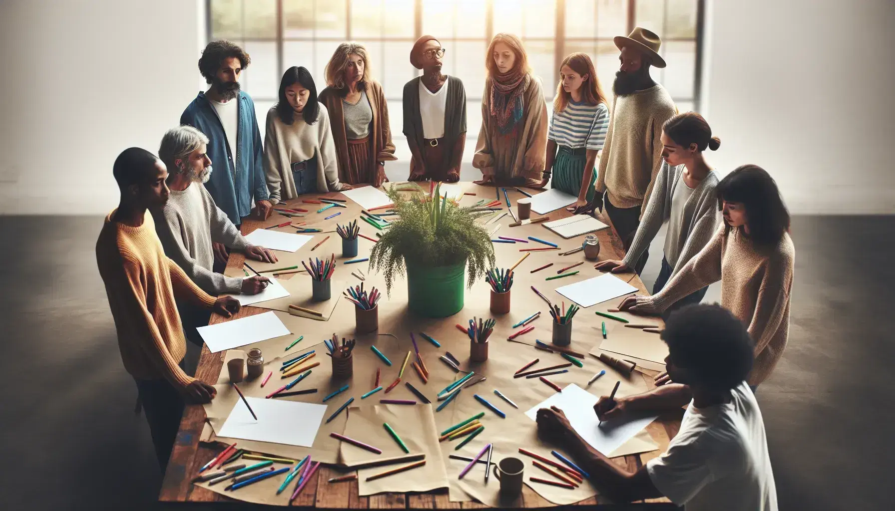 Grupo diverso de personas en reunión creativa alrededor de una mesa redonda con papeles y lápices de colores, bajo luz natural.
