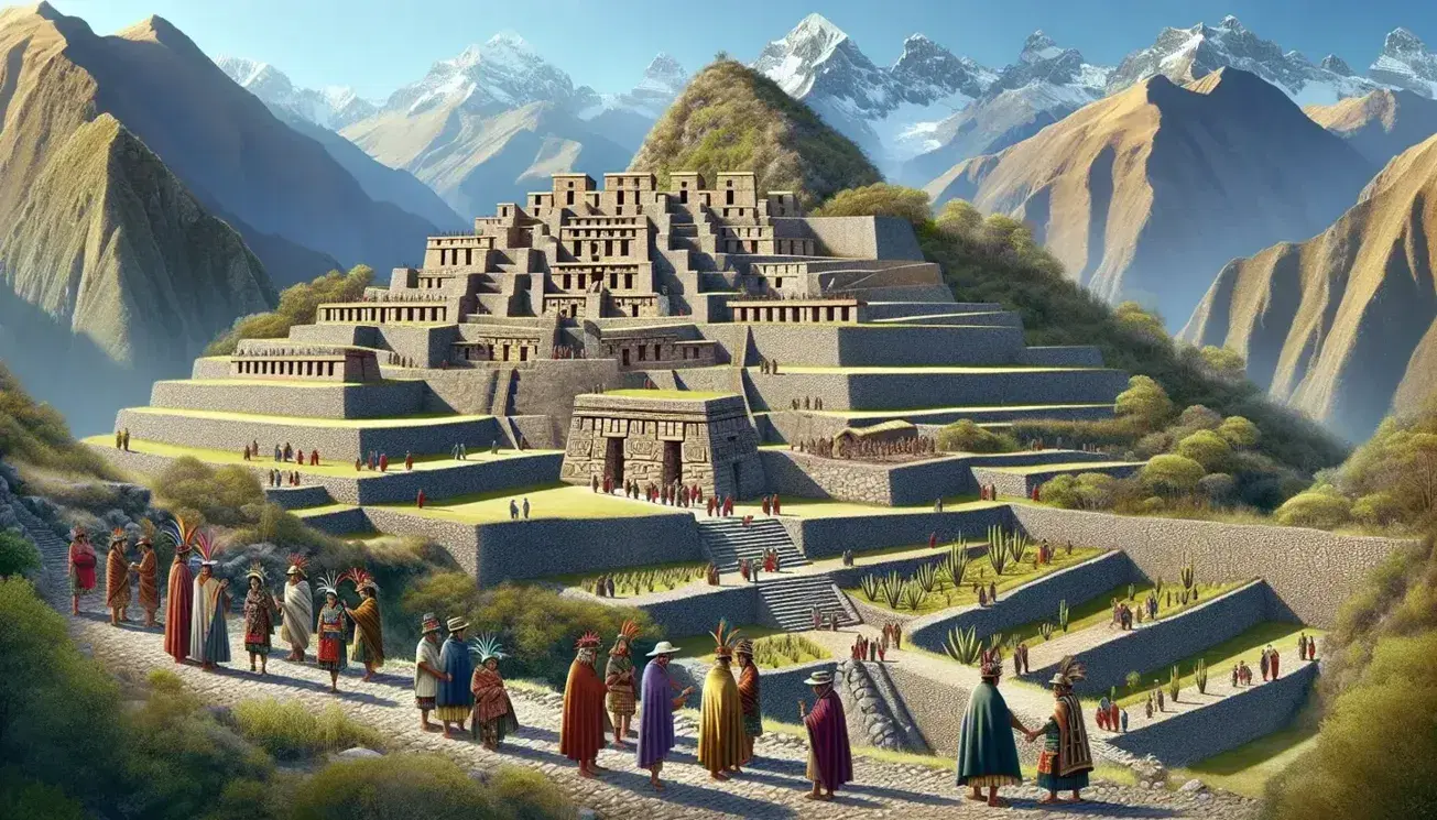 Reconstrucción de una antigua ciudadela andina con terrazas agrícolas, estructuras de piedra sin mortero y personas en atuendos tradicionales, rodeada de montañas nevadas bajo un cielo azul.