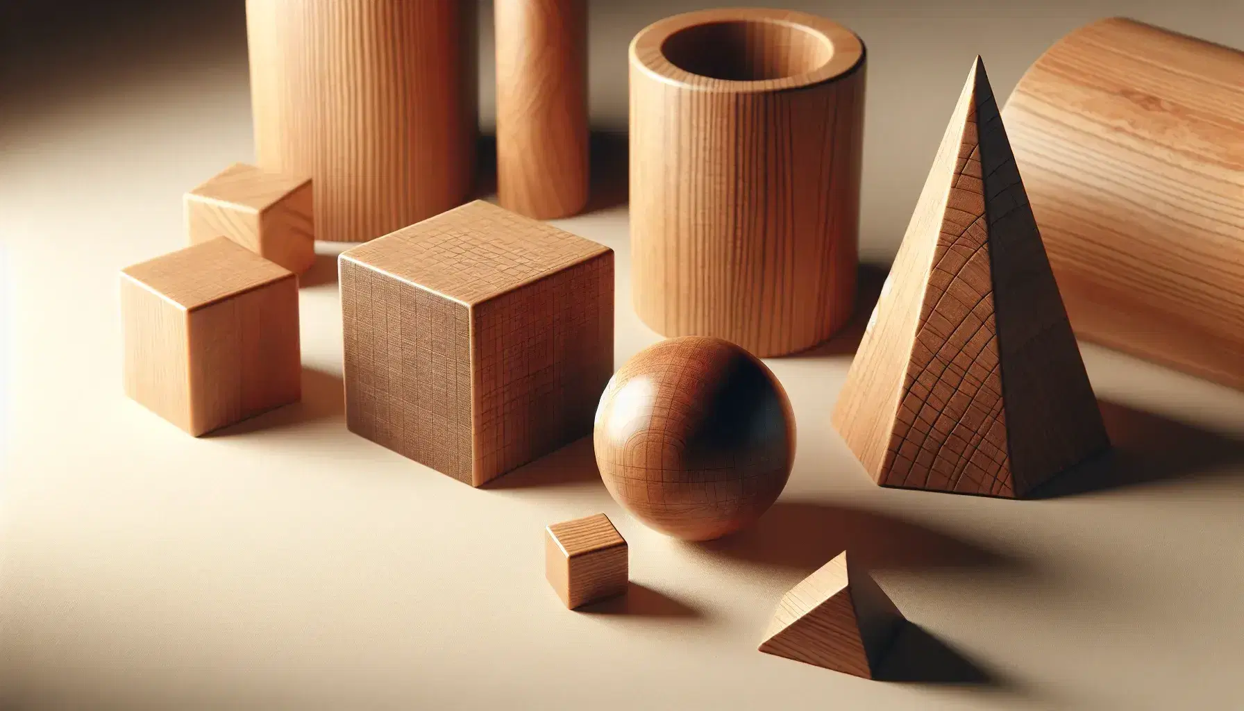 Colección de sólidos geométricos de madera sobre superficie clara, incluyendo un cubo, esfera pulida, cilindro, cono y tetraedro, con texturas y sombras suaves.