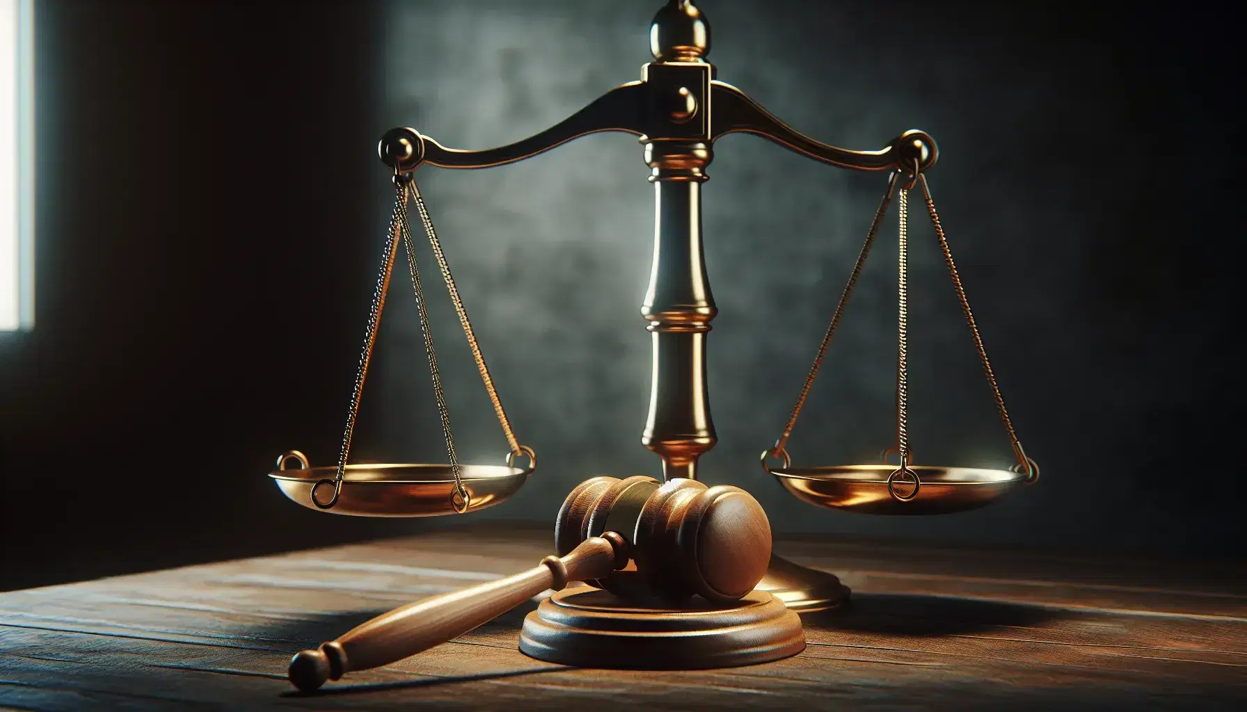 Balanza de justicia dorada en primer plano con platillos brillantes sobre mesa de madera oscura y mazo de juez al lado, simbolizando equidad legal.