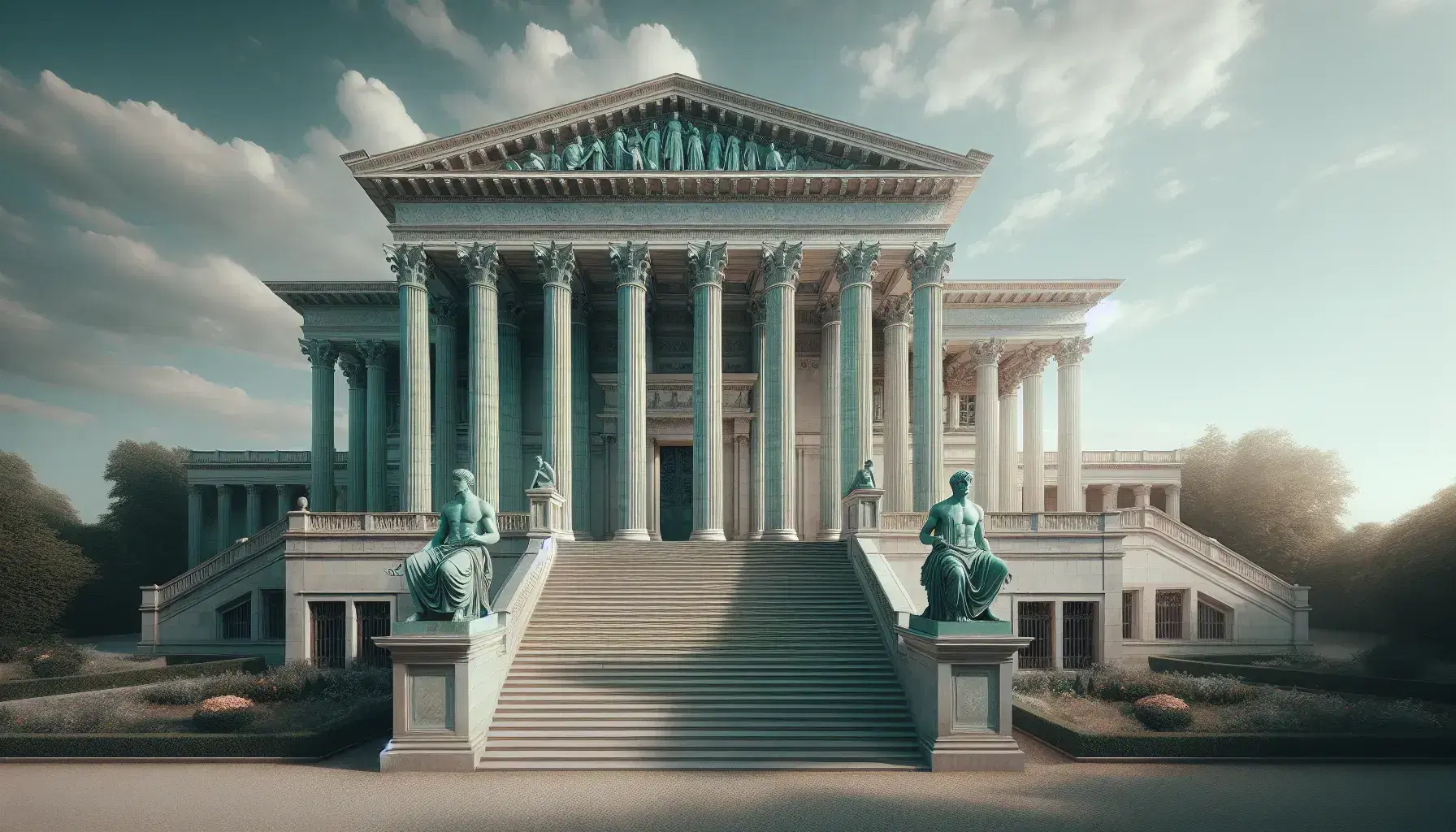 Facciata neoclassica con colonne corinzie, pedimento triangolare e statue bronzee, sotto cielo azzurro con giardino laterale.
