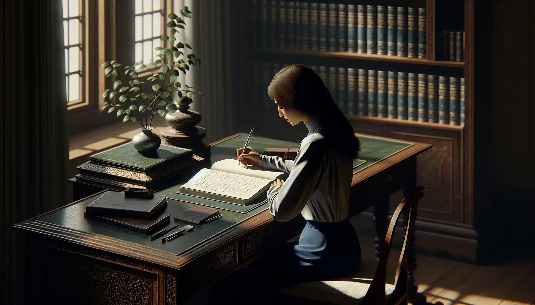 Middle-Eastern woman writing in notebook at wooden desk with fountain pen, bookshelf in background, and potted plant beside in a sunlit room.