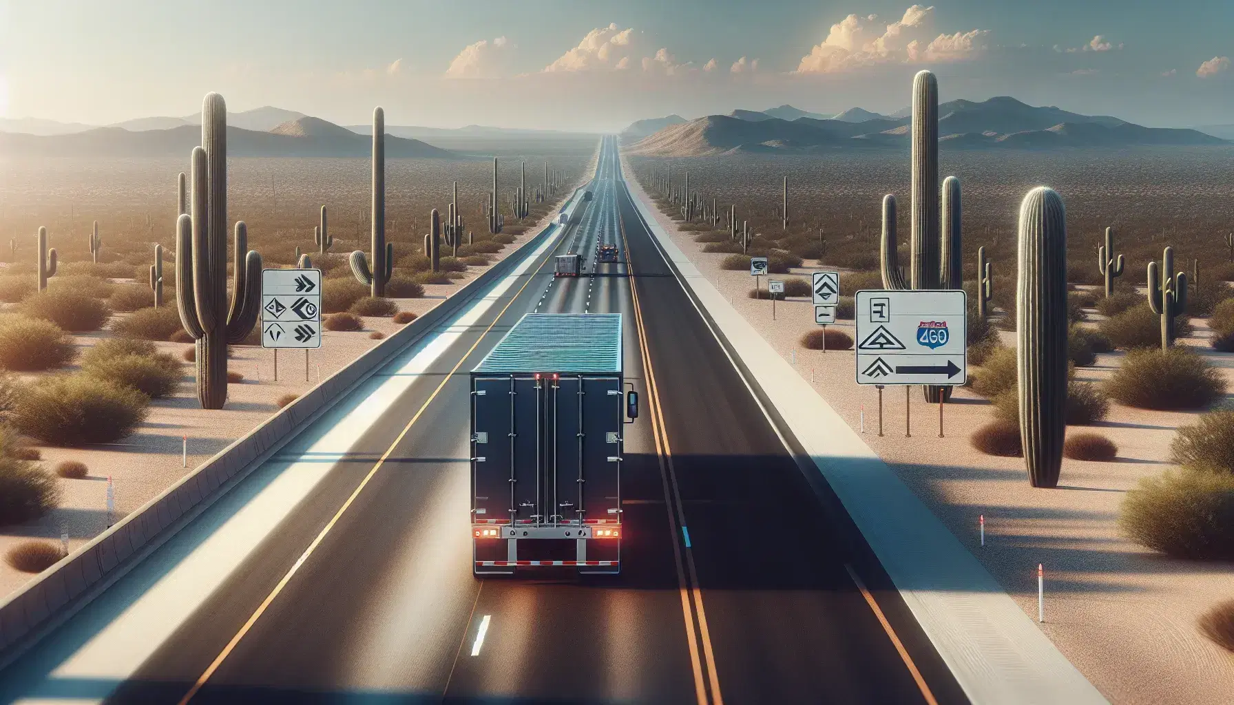 Camión en movimiento en carretera de cuatro carriles atravesando paisaje desértico con cactus y arbustos bajos bajo cielo azul con nubes dispersas.